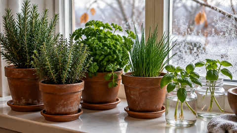Potted rosemary, thyme, parsley and chives on a winter windowsill with basil cuttings rooting in jars