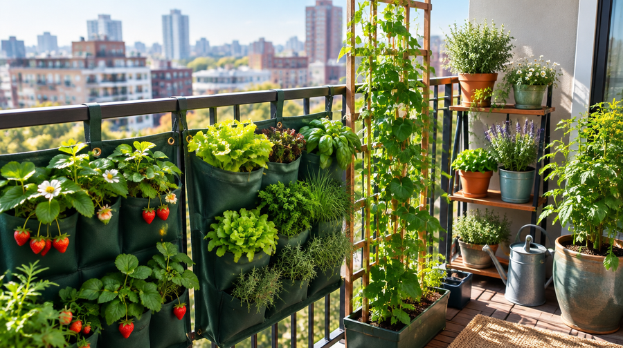 Small sunny balcony with hanging fabric pocket planters, a trellis and potted herbs
