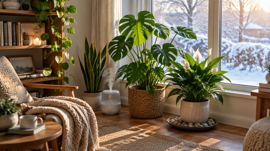 Houseplants grouped by a bright window in winter with a humidifier and a pebble tray