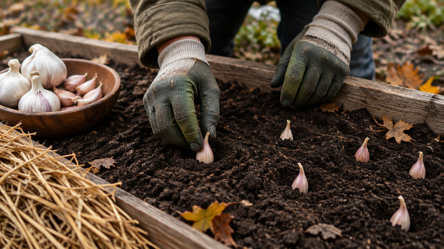 Gloved hands planting garlic cloves pointed end up in a raised bed in fall