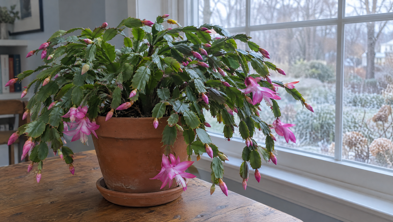 Holiday cactus in a terracotta pot by a winter window, covered in pink buds and a few open flowers