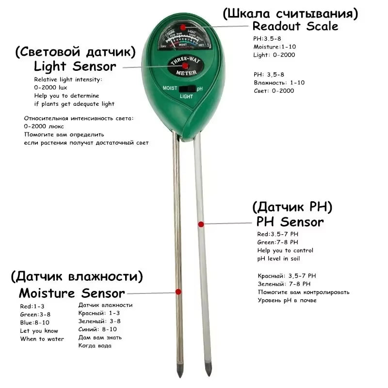 3 in 1 Soil Meter Moisture Light PH Testers with 2 Probes Soil Monitor for Garden Plant Test Flower Instrument Tool
