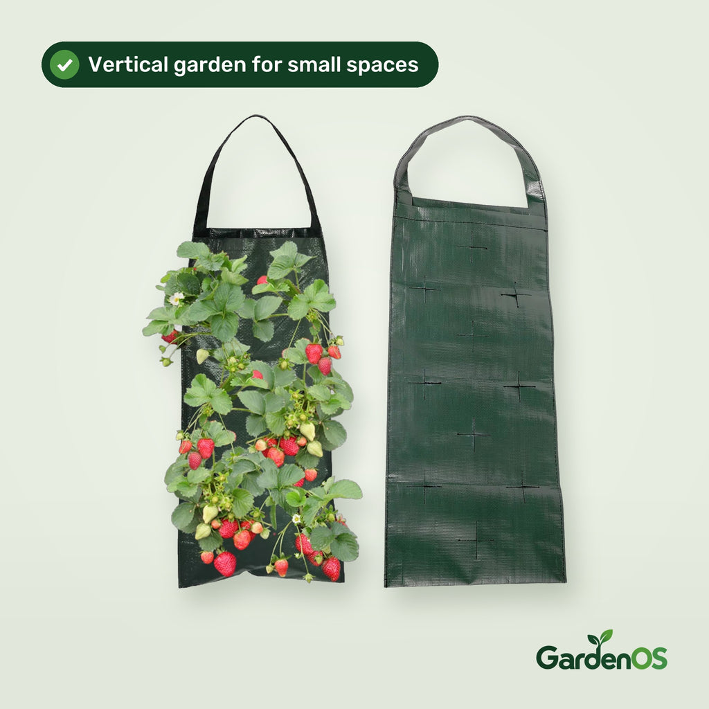 GardenOS hanging vertical grow bag, planted and empty